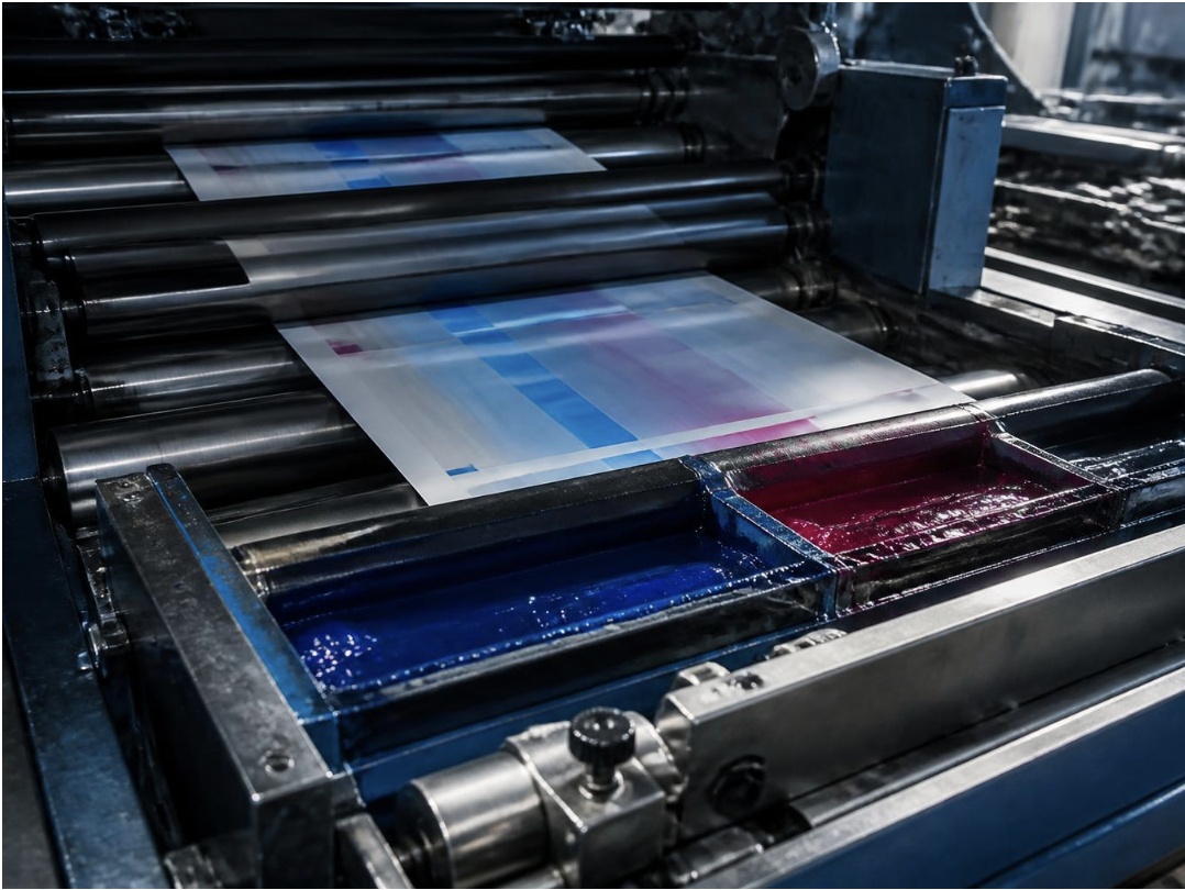 Offset metal printing press with ink duct and printed sheet