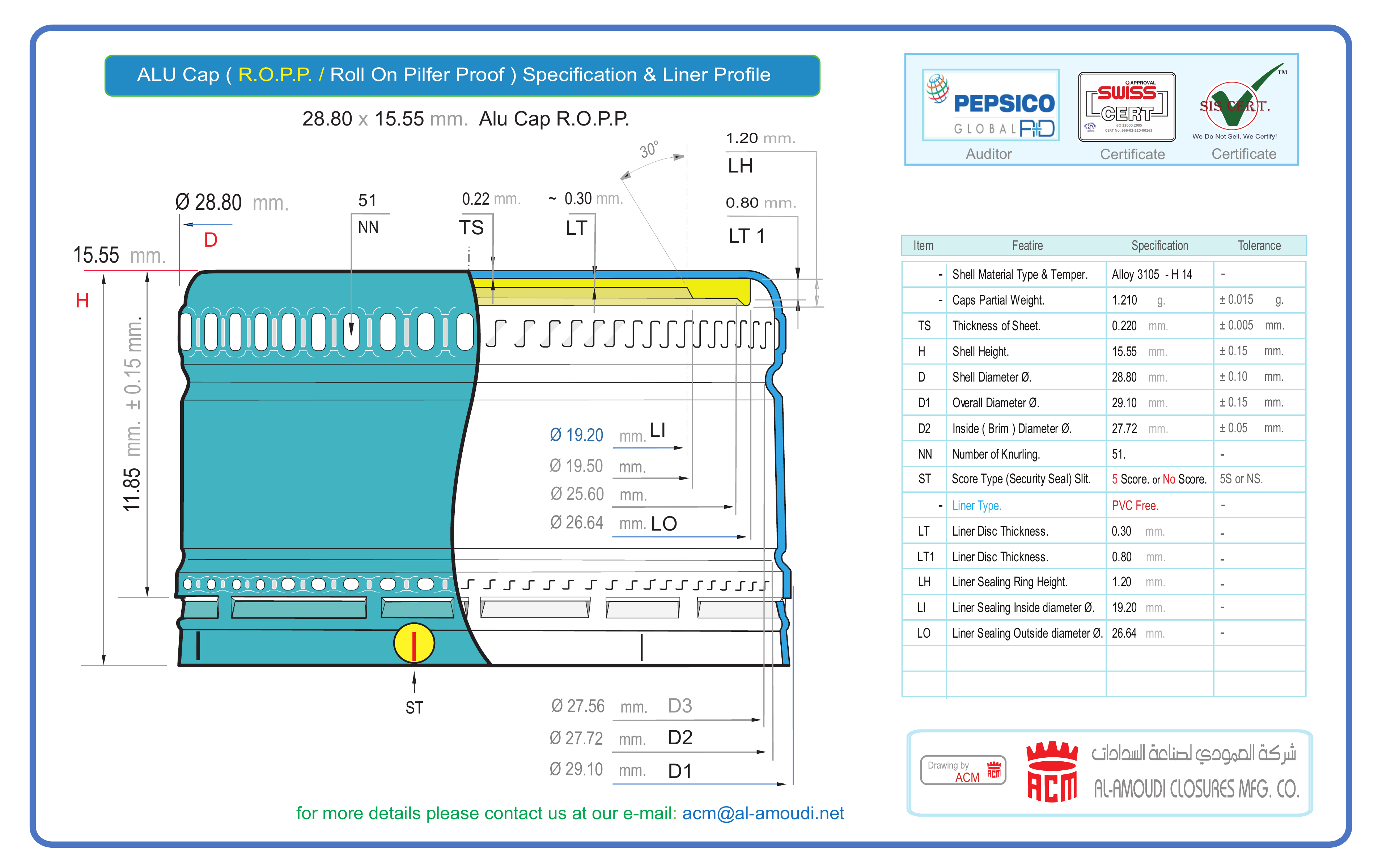 Aluminium ROPP cap specification and liner profile drawing, 28.80 x 15.55 mm